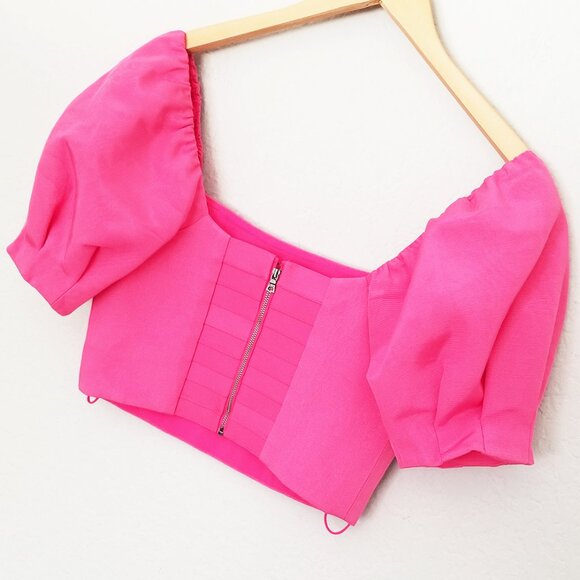 Alice + Olivia Joslyn Puff Sleeve Cropped Top in Wild Pink Size 4 Barbie $295 - Picture 15 of 16
